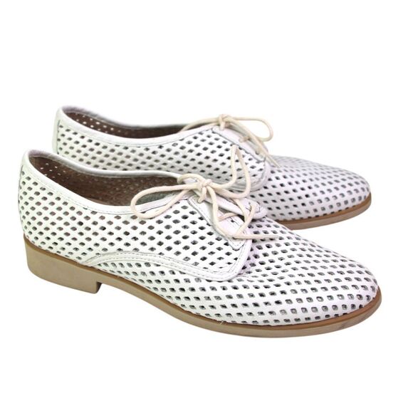 Chelsea Crew PERFORATED WHITE LEATHER LACE UP FLAT ROUND TOE OXFORD SHOES Sz 8 - Picture 5 of 12